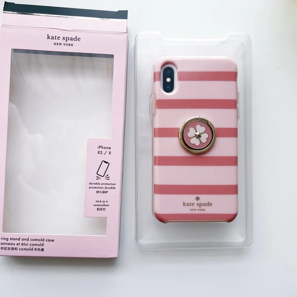 kate spade Pink and White Striped iPhone XS / X Ring Stand Case